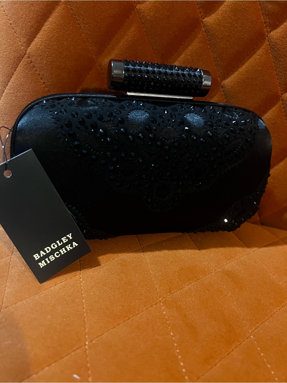 Badgley Mischka Black Beaded Satin Evening Clutch